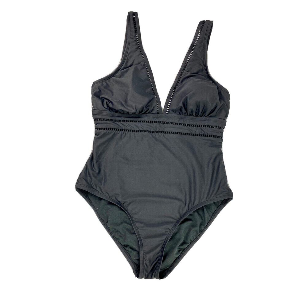 Fresh Water Women Black 1 Piece Swimsuit Size Large Eyelet Style Trim Flattering